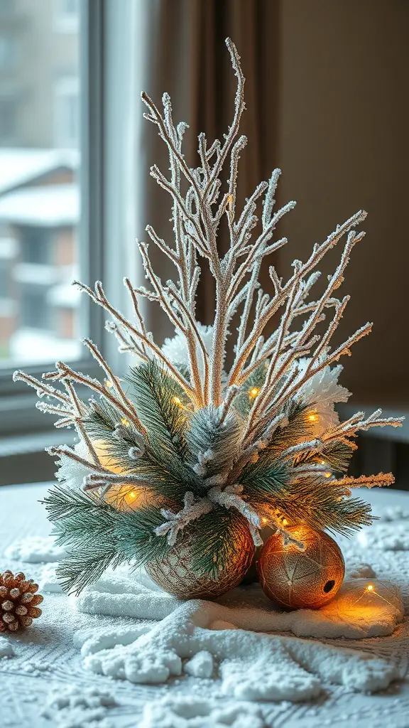 A winter wedding centerpiece featuring frosted branches, pine accents, and golden ornaments with soft lights.
