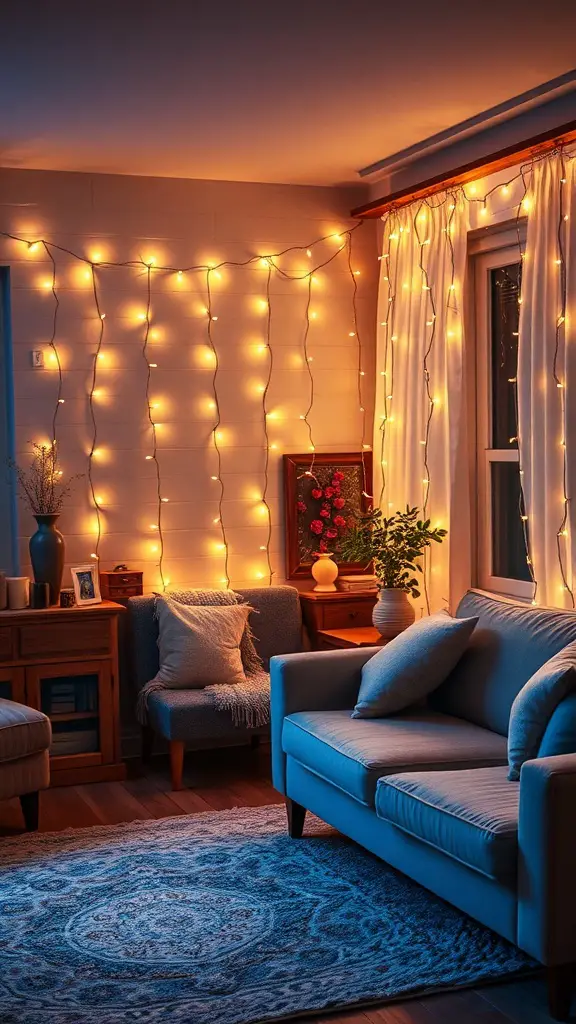 21+ Creative Christmas Decoration Ideas for a Festive Home 6 A cozy living room decorated with warm fairy lights on the walls, creating a festive atmosphere.