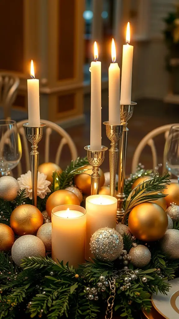 A beautiful wedding centerpiece featuring tall white candles, gold and silver ornaments, and lush greenery.