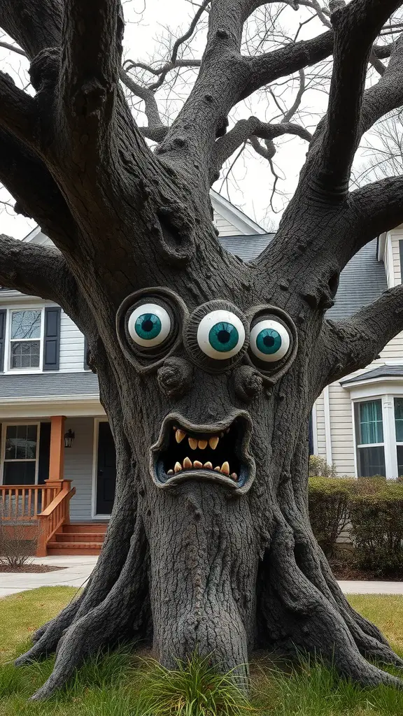 A gnarled tree with creepy eyes and a mouth, resembling a monster, set in a front yard.