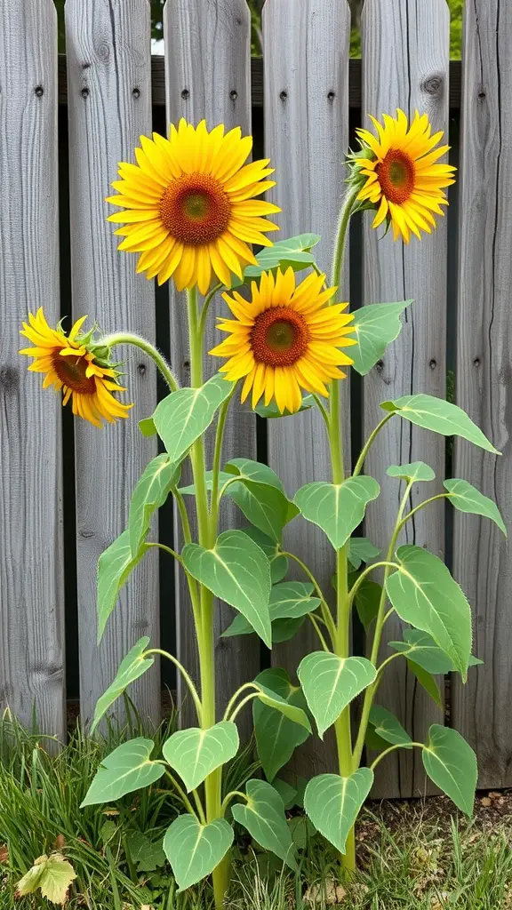 21 Stunning Fall Flower Bed Ideas to Beautify Your Home 8 A cluster of bright yellow sunflowers in front of a rustic wooden fence.