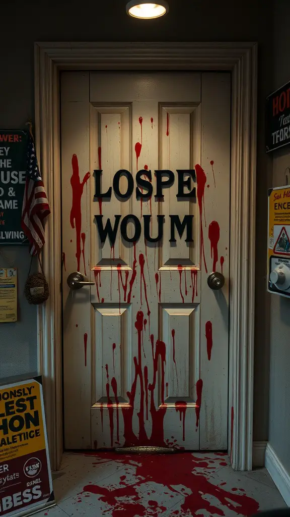 A door decorated with red blood spatter effects, creating a spooky Halloween theme.