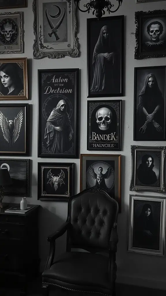 A wall adorned with gothic-inspired artwork featuring dark portraits, skulls, and mystical symbols.