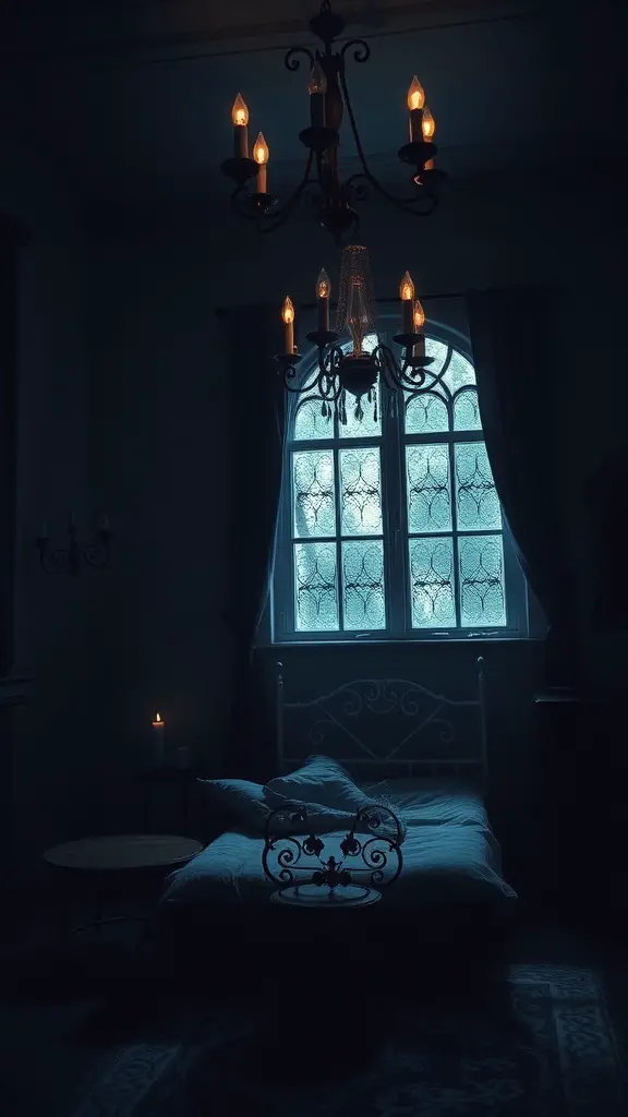 A dimly lit Gothic-inspired bedroom with a chandelier and a window.