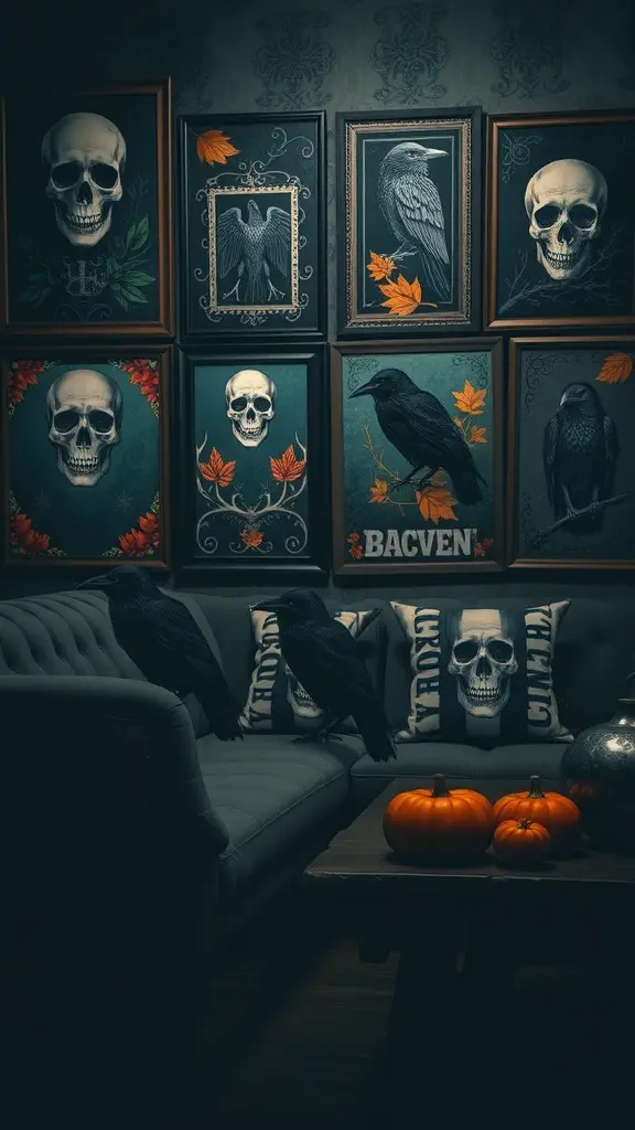 Gothic-inspired wall art featuring skulls and ravens, with pumpkins and decorative pillows in a cozy setting.