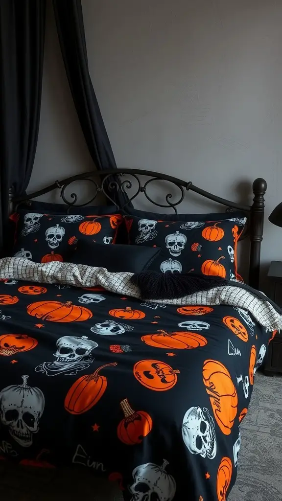 A bed with gothic black and orange bedding featuring skulls and pumpkins, creating a Halloween aesthetic.