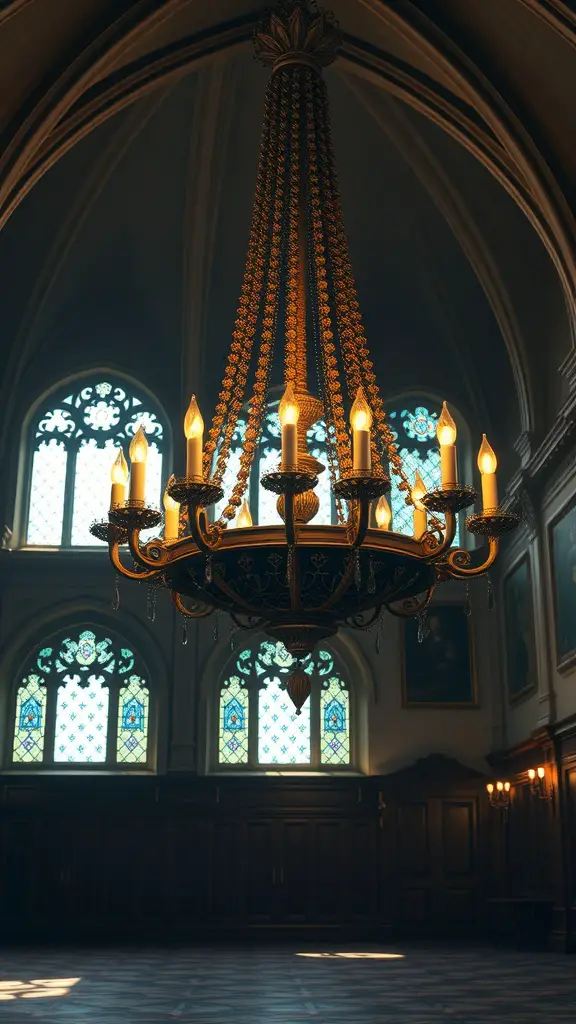 A grand gothic chandelier with candle-like bulbs hanging from a high ceiling, surrounded by stained glass windows.