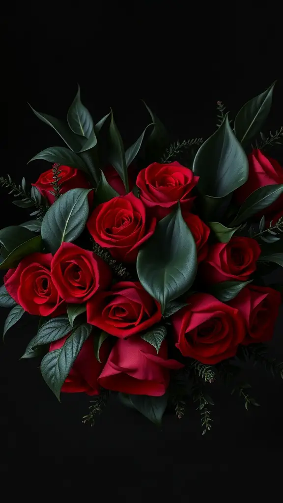A bouquet of deep red roses surrounded by dark green leaves on a black background.