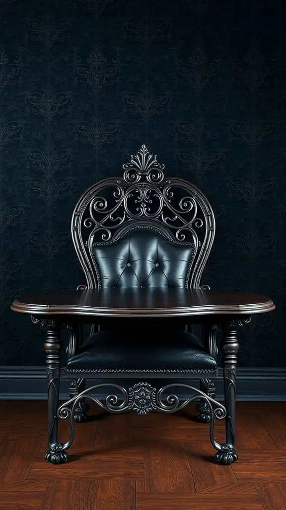A gothic chair with intricate metalwork and a dark wood table in a romantic setting.