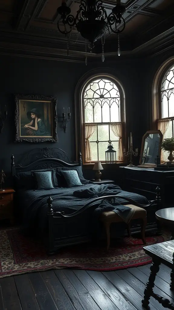 A gothic-style bedroom featuring dark furniture, a vintage chandelier, and ornate decor.