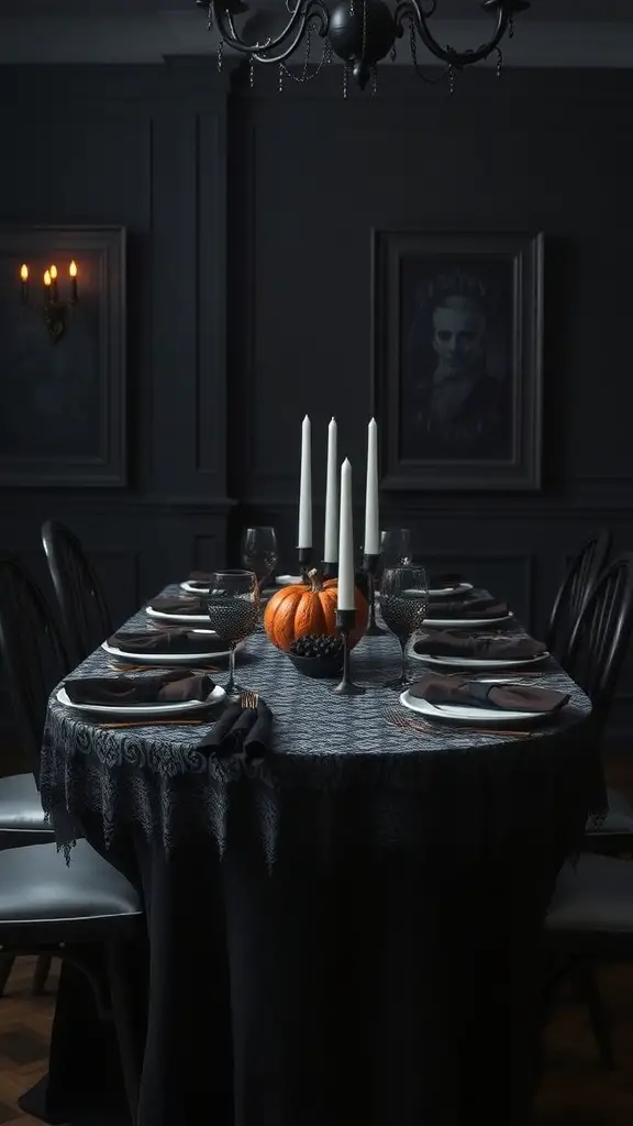 19 Spooktacular Items for the Perfect Halloween Tablescape 6 A gothic-themed Halloween table setting with dark linens, candles, and a pumpkin centerpiece.