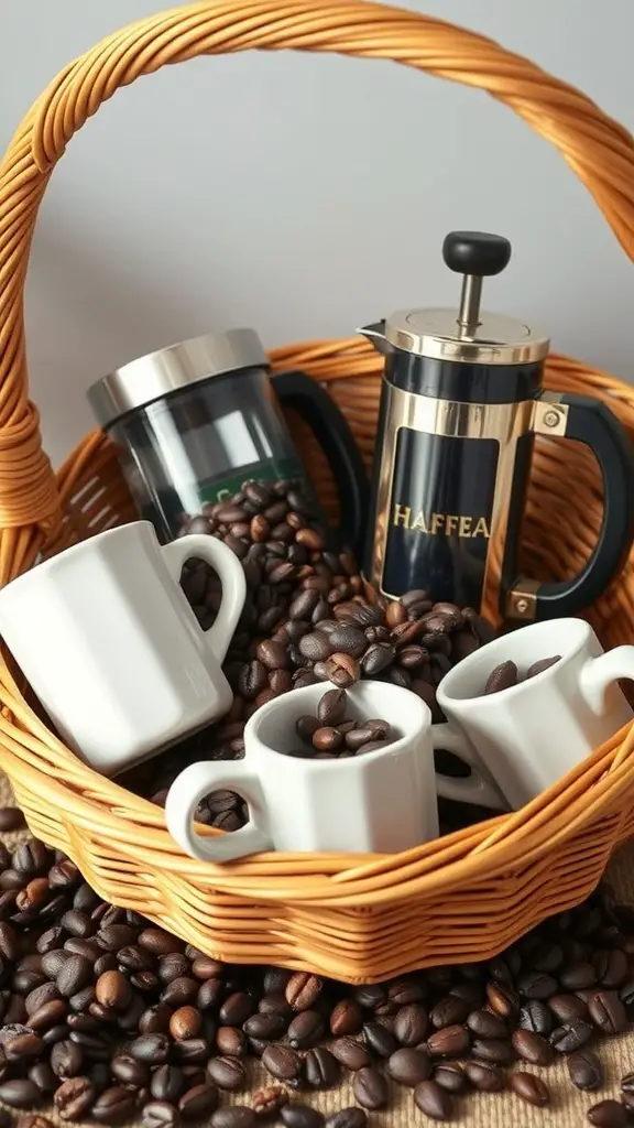 21 Creative Auction Basket Ideas You’ll Love 4 A basket filled with coffee beans, a French press, and white coffee cups.