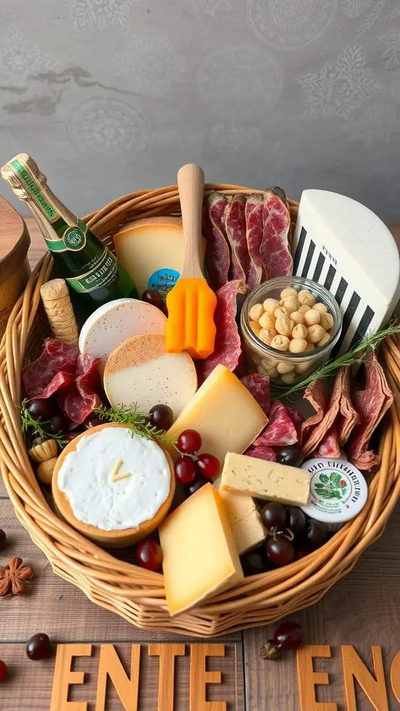 19 Creative Raffle Basket Ideas You’ll Love 9 A gourmet food basket filled with various cheeses, cured meats, nuts, and grapes.