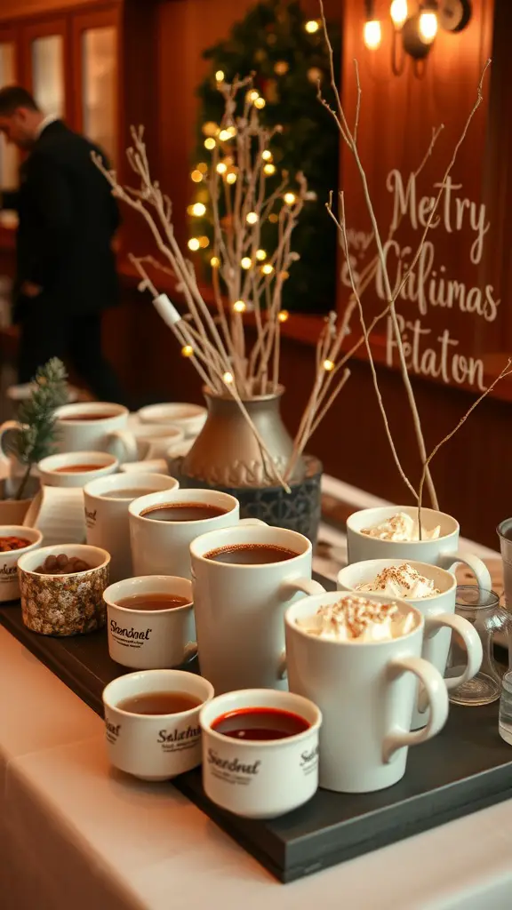 A cozy gourmet hot chocolate station with mugs of hot chocolate, toppings, and festive decorations.