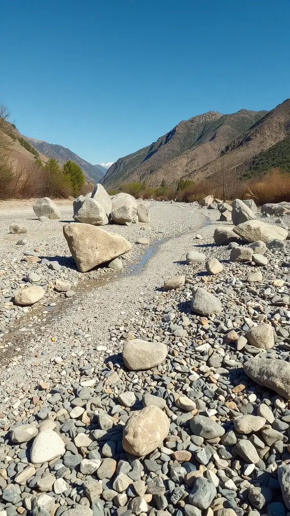23 Stunning Dry Riverbed Landscaping Ideas to Transform Your Outdoors 8 A dry riverbed featuring gravel and large boulders, surrounded by mountains and clear blue skies.