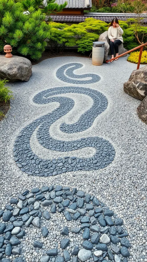 21 Inspiring Japanese Garden Ideas You’ll Love 7 A Japanese garden featuring gravel and sand patterns with winding lines and circular designs.