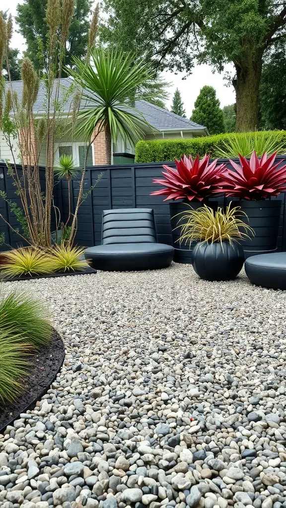 19 Creative Rock Landscaping Ideas for a Stunning Outdoor Space 10 A modern outdoor space featuring gravel ground cover, stylish furniture, and vibrant plants.