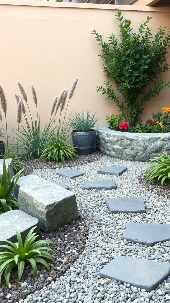 27 Affordable Patio Floor Ideas That Transform Your Outdoor Space 2 A gravel patio featuring decorative stones and lush greenery, creating a charming outdoor space.