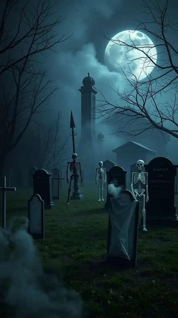 A spooky graveyard scene with tombstones, skeletons, and a full moon in the background.