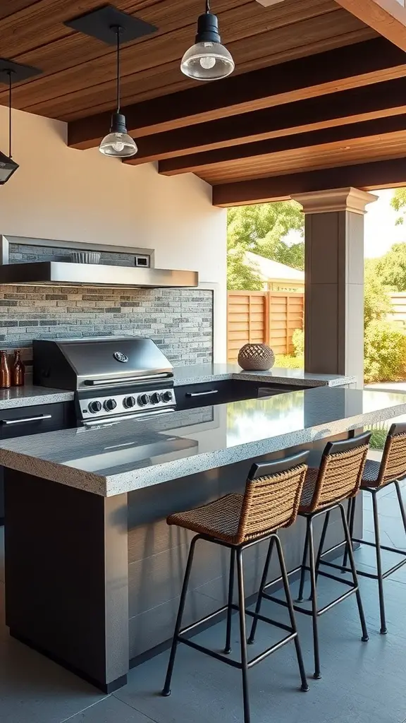 A modern grill island with bar seating, featuring a sleek grill, stone countertop, and stylish bar stools.