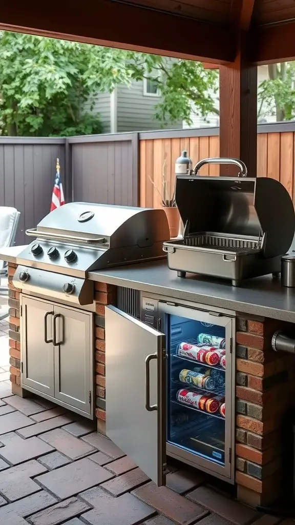 A modern grill station with a built-in cooler, featuring a stainless steel grill and a cooler filled with drinks.