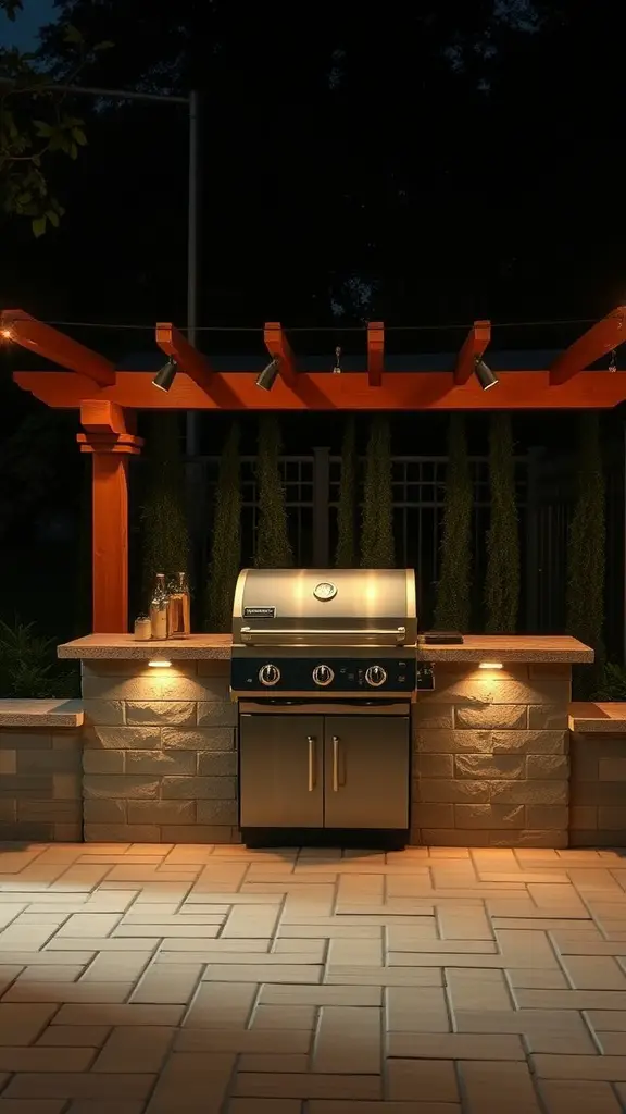A beautifully lit outdoor grill station with a modern grill and warm lighting features.