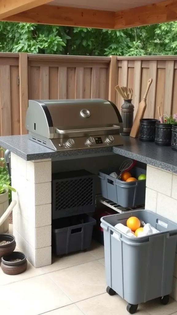 A grill station featuring a sleek grill and organized storage bins beneath the countertop.