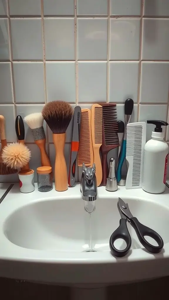 21+ Essential Items for a Perfect Dog Washing Station 9 A variety of grooming tools including brushes, combs, and scissors arranged neatly by a sink.