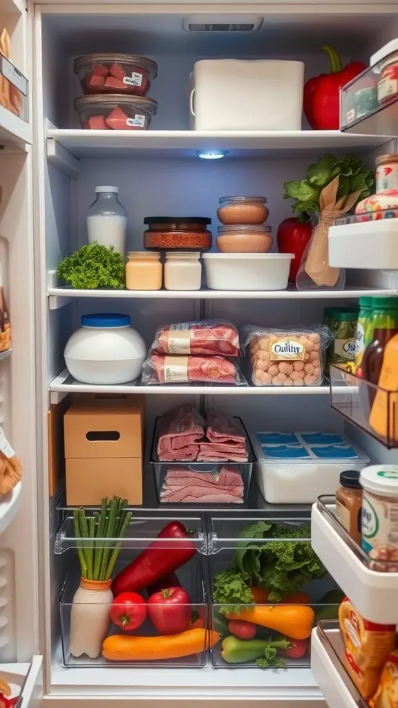 An organized fridge with grouped items including vegetables, meats, and sauces.