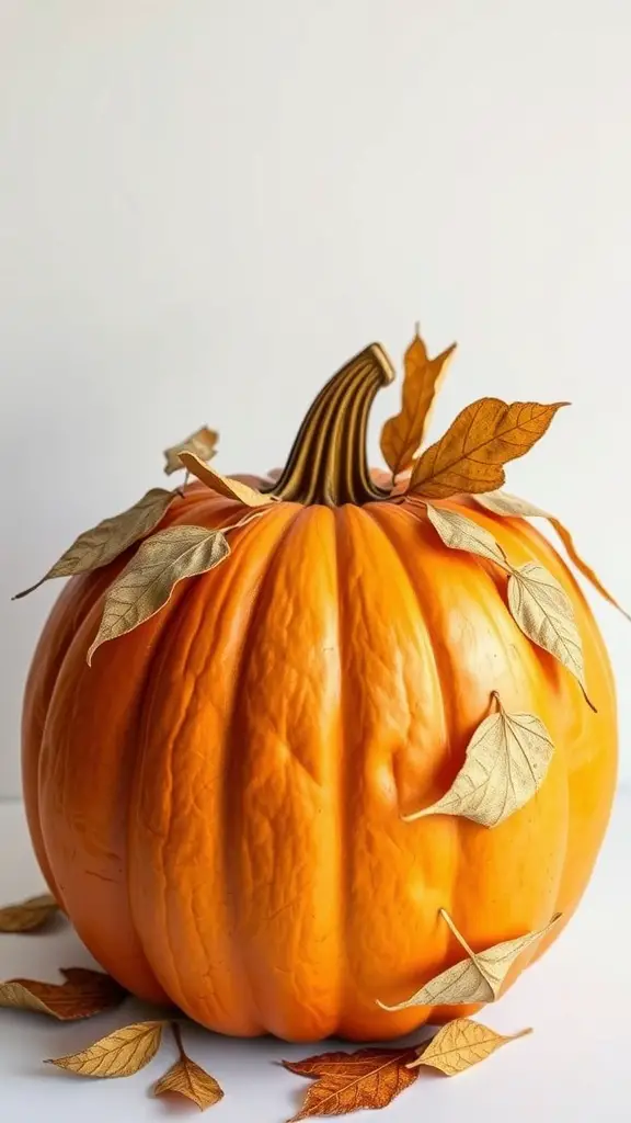 21 Adorable Pumpkin Baby Shower Ideas You’ll Love 16 A vibrant orange pumpkin with golden leaves, symbolizing a unique guest book idea for a baby shower.