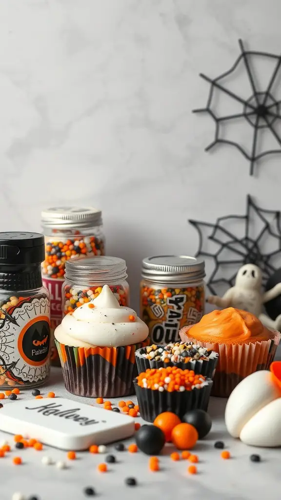 A collection of Halloween-themed baking supplies including colorful sprinkles, cupcakes, and spooky decorations.