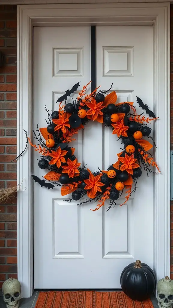 A Halloween-themed door wreath featuring orange pumpkins, black bats, and flowers on a white door.