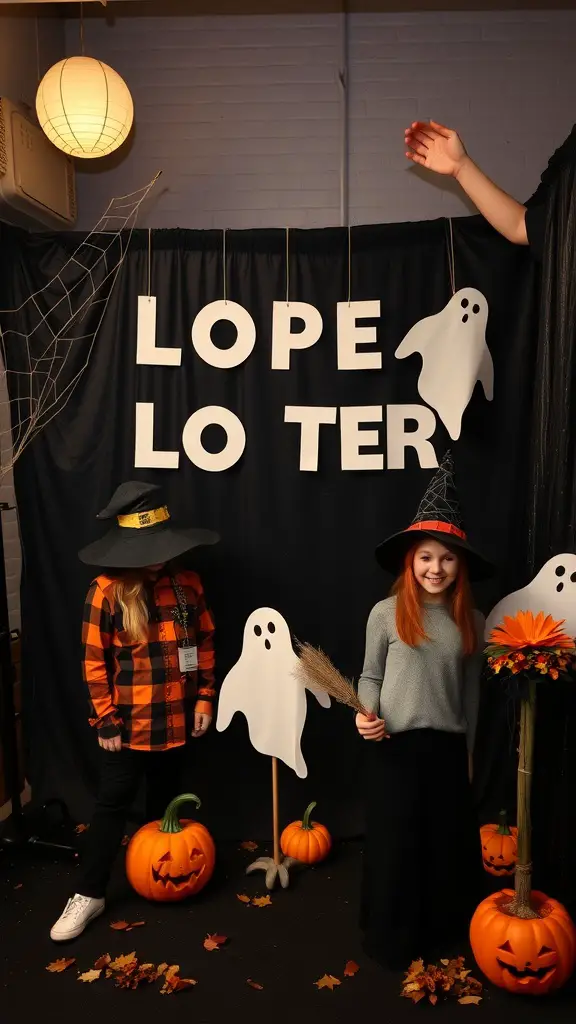 Halloween-themed photo booth with guests in costumes, pumpkins, and ghost decorations.