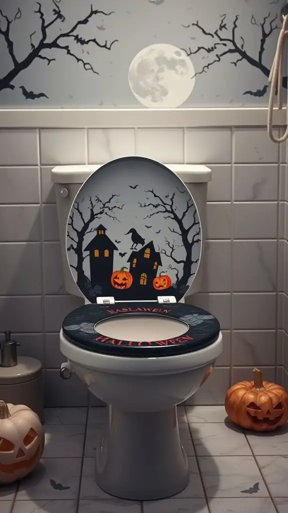 29 Spook-tacular Halloween Bathroom Decor Ideas 16 Halloween-themed toilet seat cover with haunted houses and pumpkins