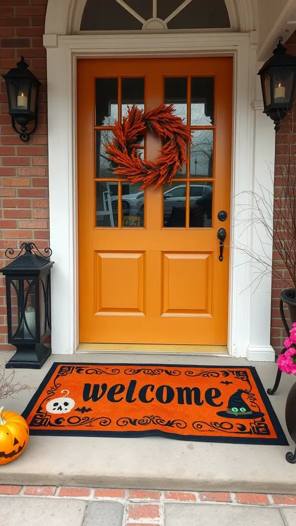 Halloween-themed welcome mat with skull, pumpkin, and witch's hat designs on an orange background