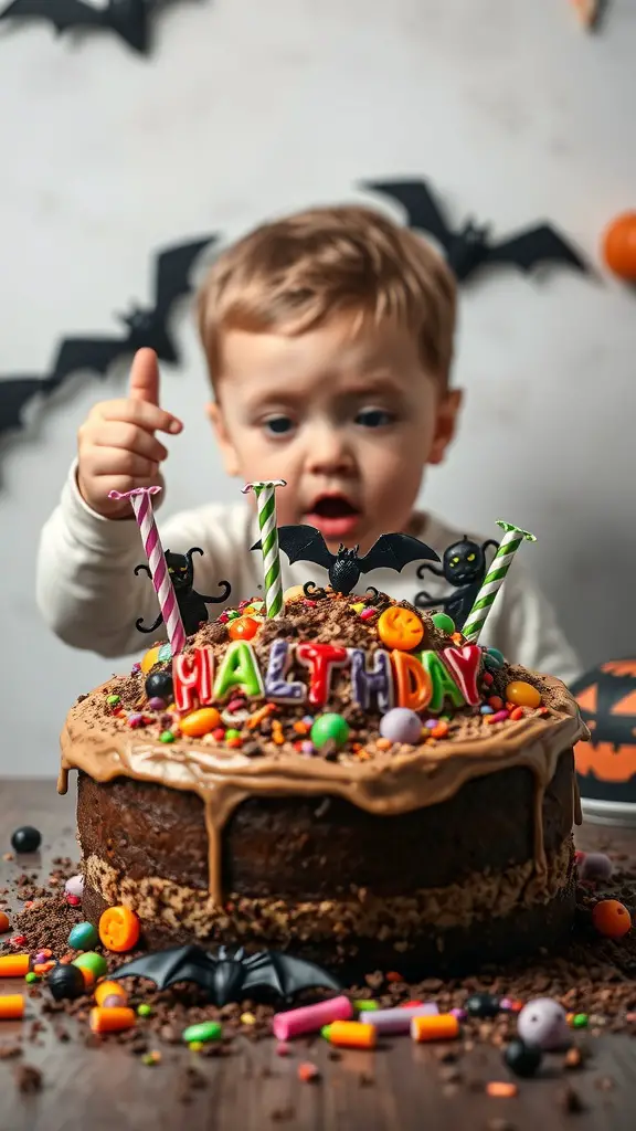 A child excitedly reaching for a Halloween-themed birthday cake decorated with colorful candies and spooky elements.