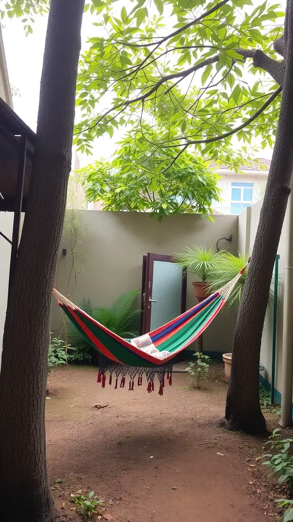 15 Charming Small Outdoor Patio Ideas for a Cozy Retreat 2 A colorful hammock set between two trees in a small outdoor patio surrounded by greenery.