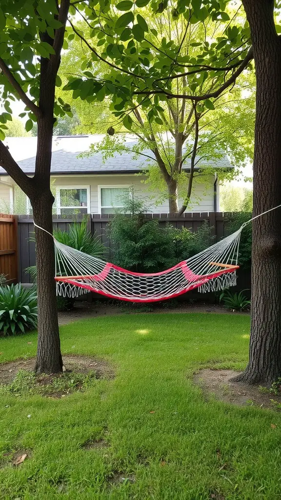 A hammock suspended between two trees in a green backyard.