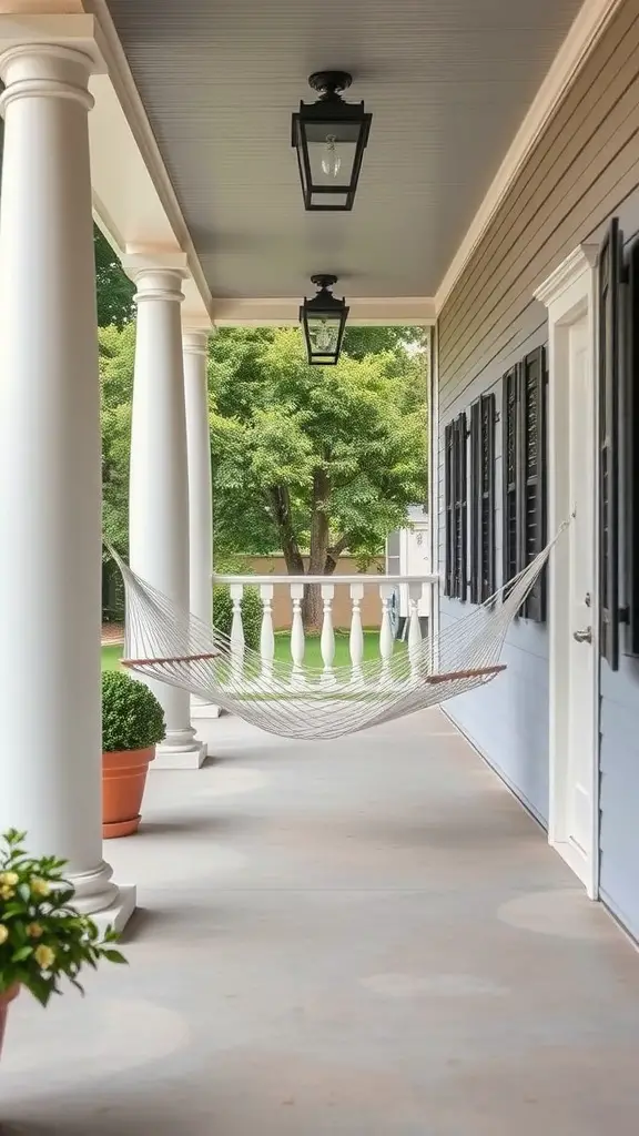21 Stunning Mexican Patio Hacienda Style Ideas for Your Outdoor Space 11 A cozy hammock suspended between two columns in a bright, plant-filled patio, inviting relaxation.