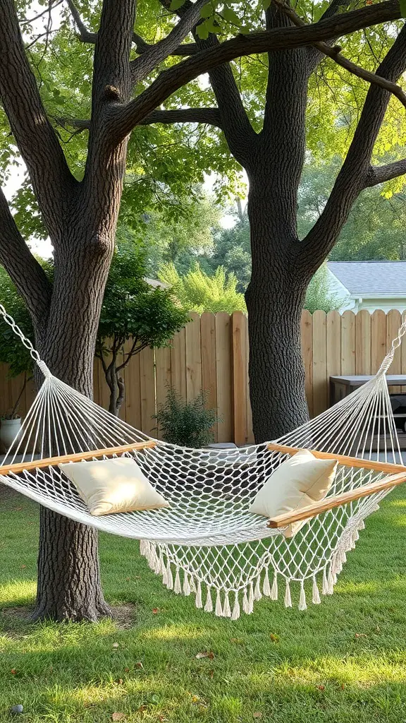 23 Stylish Outdoor Furniture Ideas for Your Dream Patio 8 A cozy white hammock with pillows hanging between two trees in a backyard.