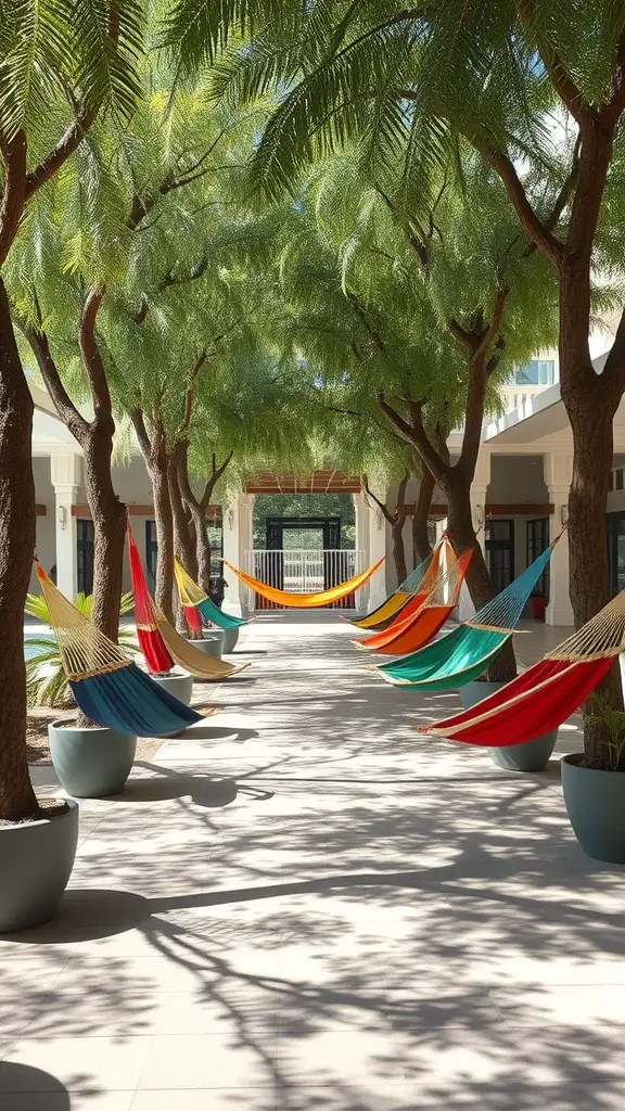 17 Inspiring Mexican Patio Ideas for Your Outdoor Space 6 Colorful hammocks hanging between trees in a sunny patio
