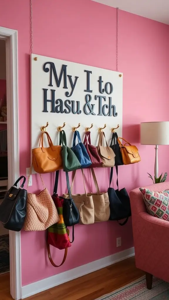 A decorative board with handbag hooks on a pink wall, displaying various colorful handbags.