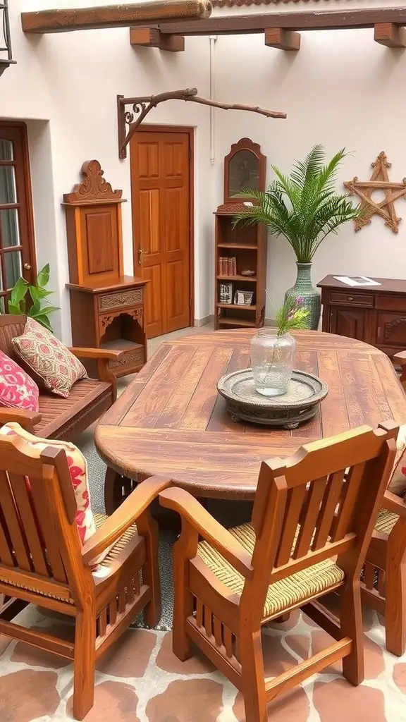 21 Stunning Mexican Patio Hacienda Style Ideas for Your Outdoor Space 10 A cozy Mexican patio with handcrafted wooden furniture, colorful cushions, and a coffee table with fruits.