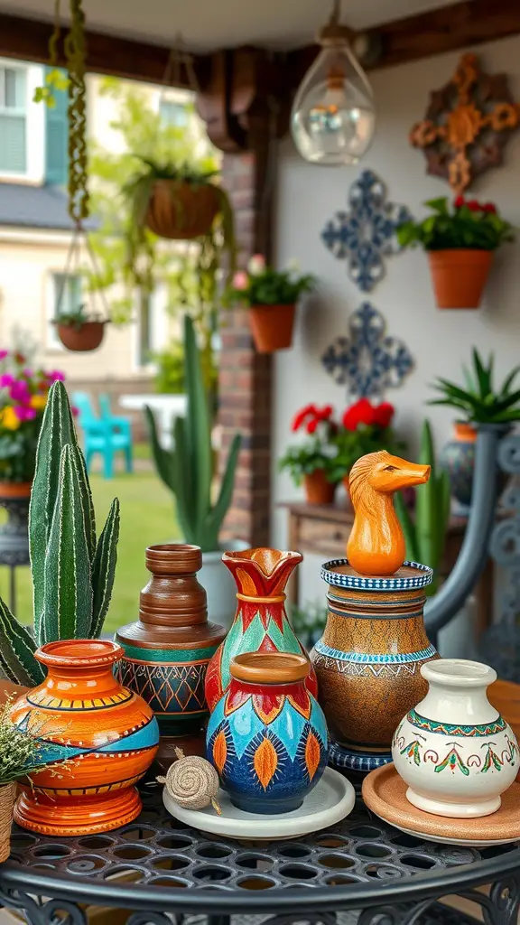 17 Inspiring Mexican Patio Ideas for Your Outdoor Space 7 Colorful handcrafted pottery displayed on a patio table with plants in the background.