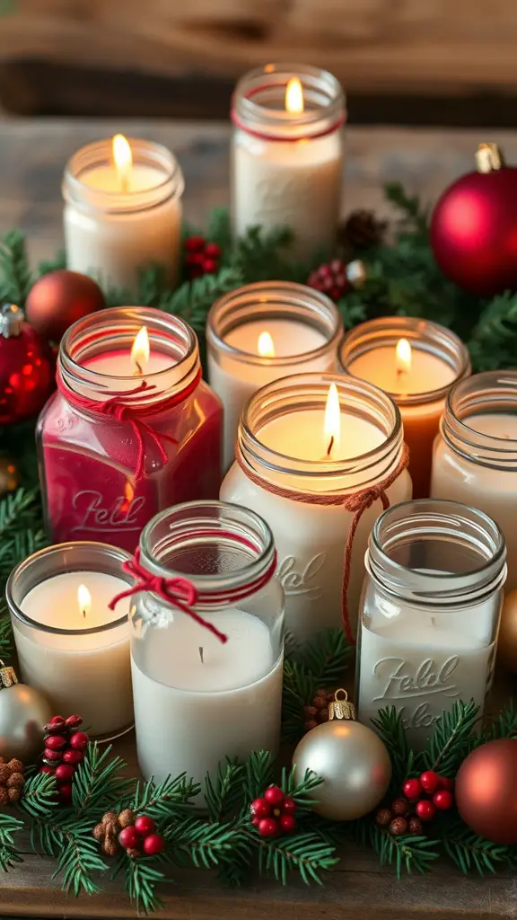 An arrangement of handmade candles with holiday scents, surrounded by festive decorations.