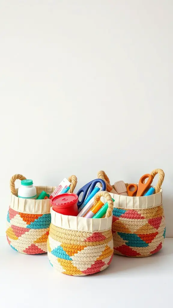21+ Creative Scrap Fabric Projects You Can Make Today 14 Three colorful handmade fabric baskets filled with crafting supplies.