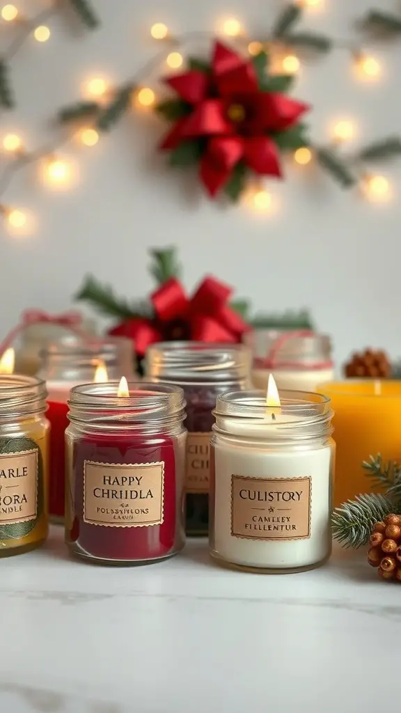 A collection of colorful handmade scented candles with festive decorations.