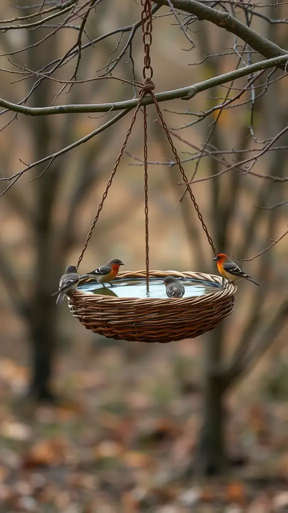 A hanging basket bird bath with birds perched on the edge, filled with water, suspended from a tree branch.