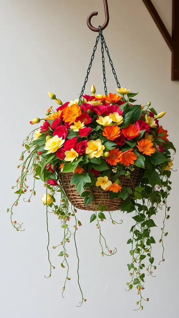 21 Gorgeous Fall Planters to Brighten Your Garden 8 A vibrant hanging basket filled with red, yellow, and orange flowers, showcasing the beauty of fall blooms.