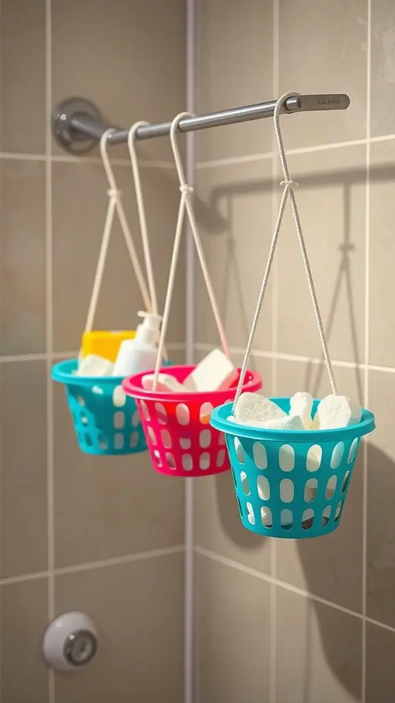 15+ Stylish Shower Storage Ideas to Maximize Space 4 Three colorful hanging baskets in a shower holding various toiletries.